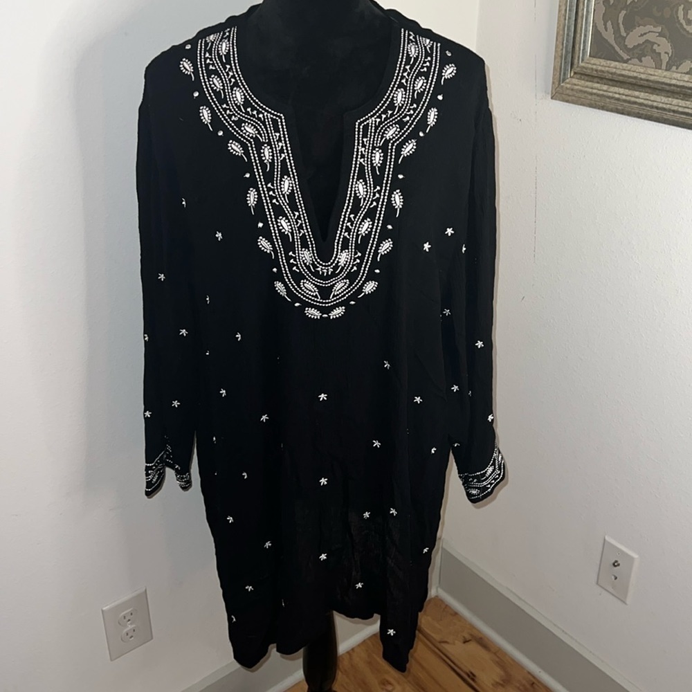 C.D. Cathy Daniel’s black white‎ embroidered Viscose Boho tunic long blouse 2X